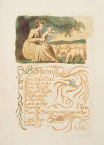 ウィリアム・ブレイク（1757-1827）c.1808（ペンと茶色のインクを備えたトイレ）の後の「春」、「無邪気さと経験の歌」からのプレート12 作： English School